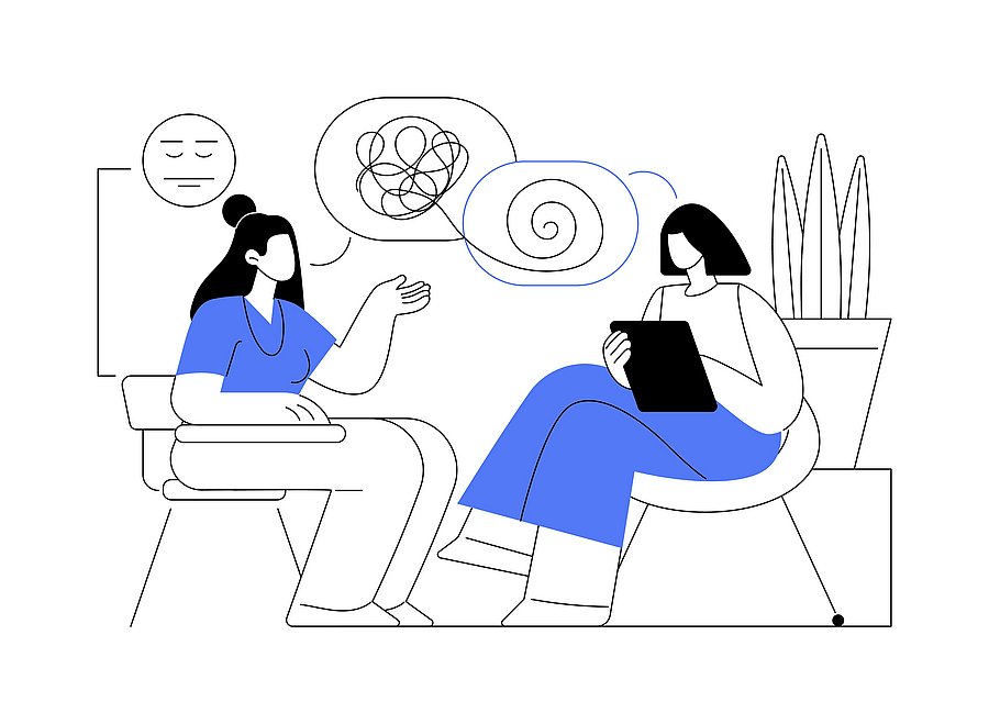 Illustration eines Therapiegesprächs: Eine Frau in blauem Oberteil sitzt auf einem Stuhl und gestikuliert beim Erzählen. Ihr gegenüber sitzt eine Therapeutin mit einem Tablet auf dem Schoß. Über der erzählenden Frau sind zwei Gedankenblasen mit einem wirren Linienknäuel und einer Spirale dargestellt. Im Hintergrund steht eine große Zimmerpflanze. Die minimalistische Illustration ist in Schwarz-Weiß mit blauen Akzenten gestaltet.