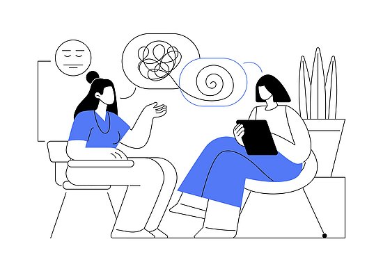 Illustration eines Therapiegesprächs: Eine Frau in blauem Oberteil sitzt auf einem Stuhl und gestikuliert beim Erzählen. Ihr gegenüber sitzt eine Therapeutin mit einem Tablet auf dem Schoß. Über der erzählenden Frau sind zwei Gedankenblasen mit einem wirren Linienknäuel und einer Spirale dargestellt. Im Hintergrund steht eine große Zimmerpflanze. Die minimalistische Illustration ist in Schwarz-Weiß mit blauen Akzenten gestaltet.