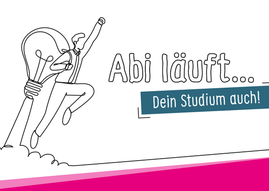 Illustration eines springenden Menschen in einer Glühbirne neben dem Schriftzug „Abi läuft … Dein Studium auch!“ auf weißem Hintergrund mit pinkem Streifen am unteren Bildrand.