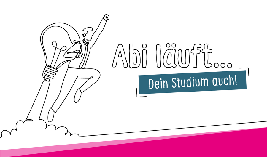 Illustration eines springenden Menschen in einer Glühbirne neben dem Schriftzug „Abi läuft … Dein Studium auch!“ auf weißem Hintergrund mit pinkem Streifen am unteren Bildrand.