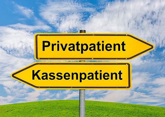 Zwei gelbe Wegweiser vor blauem Himmel: Ein Pfeil weist nach rechts zu „Privatpatient“, der andere nach links zu „Kassenpatient“.
