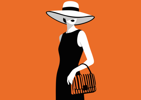 Illustration einer stilisierten Frau in einem schlichten schwarzen, ärmellosen Kleid und mit einem großen weißen Sonnenhut. Sie trägt eine schwarz-orange gestreifte Handtasche und steht vor einem einfarbig orangefarbenen Hintergrund.