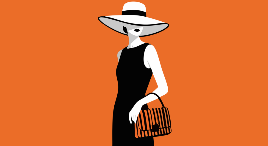 Illustration einer stilisierten Frau in einem schlichten schwarzen, ärmellosen Kleid und mit einem großen weißen Sonnenhut. Sie trägt eine schwarz-orange gestreifte Handtasche und steht vor einem einfarbig orangefarbenen Hintergrund.