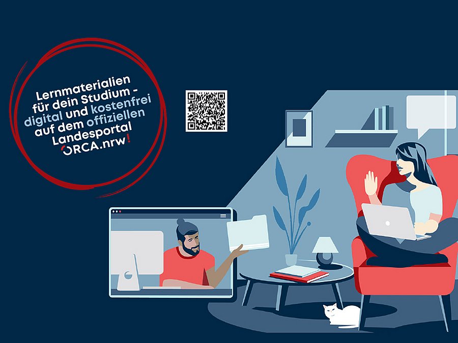 Eine Grafik, die zwei Studierende mit Laptops beim Lernen und eine Sprechblase mit Informationen zur Orca Plattform.