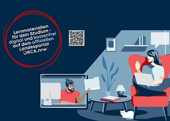 Eine Grafik, die zwei Studierende mit Laptops beim Lernen und eine Sprechblase mit Informationen zur Orca Plattform.