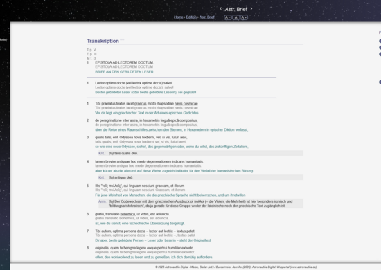 Screenshot der Webseite zur Edition Astronautilia digital. Transkription erster Textpassagen mit deutscher Übersetzung.