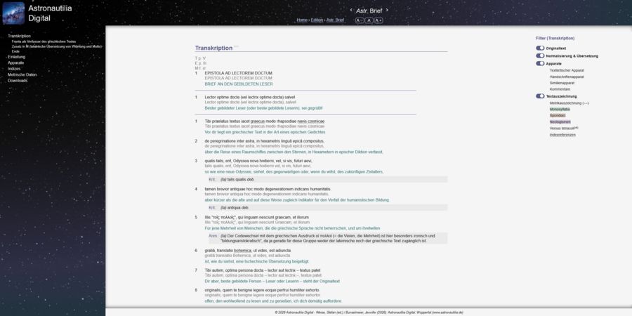 Screenshot der Webseite zur Edition Astronautilia digital. Transkription erster Textpassagen mit deutscher Übersetzung.