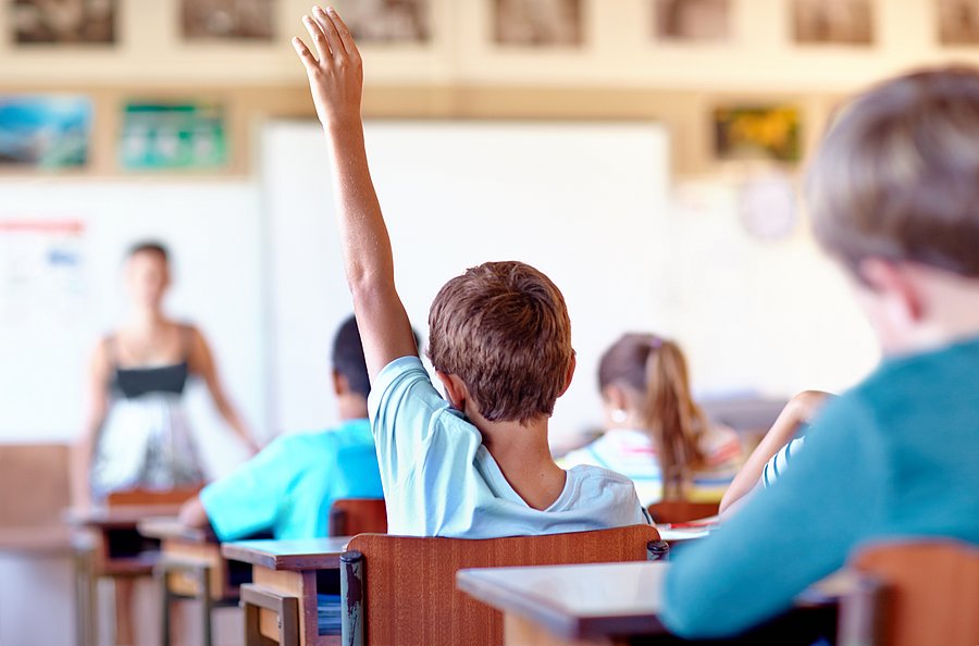 In einem Klassenzimmer sitzt eine Gruppe von Kindern an ihren Schulbänken. Ein Kind im Vordergrund hebt die Hand, während vorne eine Lehrkraft unscharf zu sehen ist.
