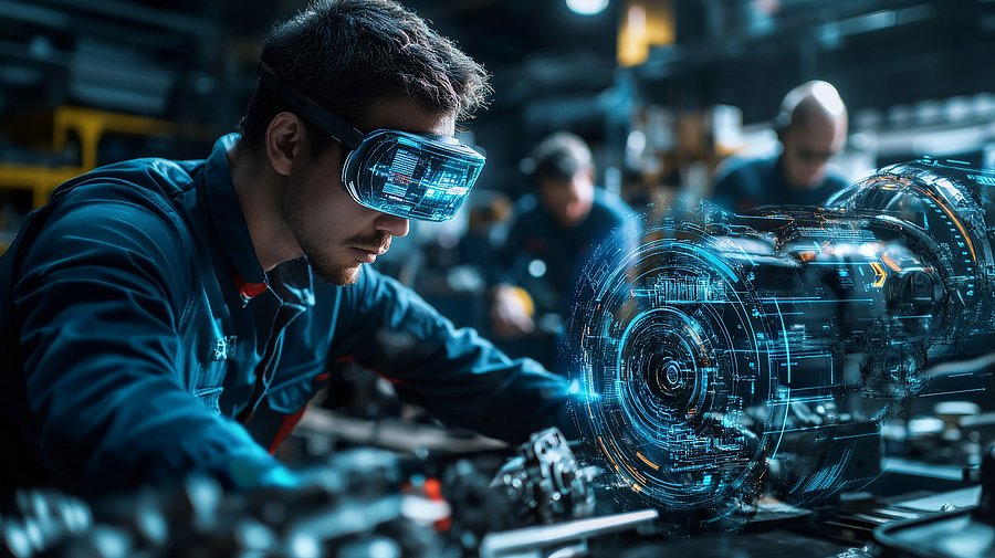 Ein junger Techniker arbeitet in einer Werkstatt und trägt eine hochmoderne Augmented-Reality-Brille. Vor ihm schwebt eine digitale, holografische Darstellung eines technischen Bauteils, das er präzise analysiert. Im Hintergrund sind weitere Arbeiter zu sehen, die sich konzentriert mit mechanischen Komponenten beschäftigen.