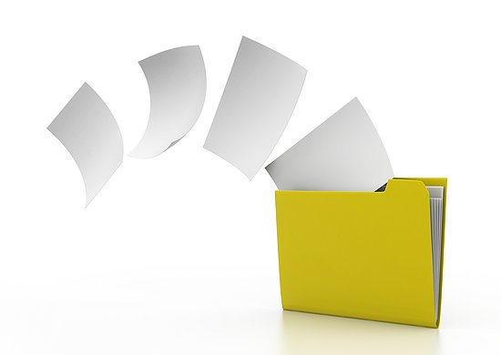 Eine Darstellung eines digitalen Aktenordners, in den einzelne Dokumente hineinfliegen.