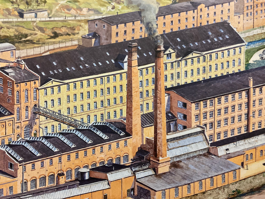 Historische Darstellung eines weitläufigen Fabrikgeländes mit mehrstöckigen Backsteingebäuden, großen Fensterreihen und zwei hohen Schornsteinen, aus einem davon steigt Rauch auf. Im Vordergrund liegen weitere Werkhallen mit schrägen, verglasten Dachflächen.